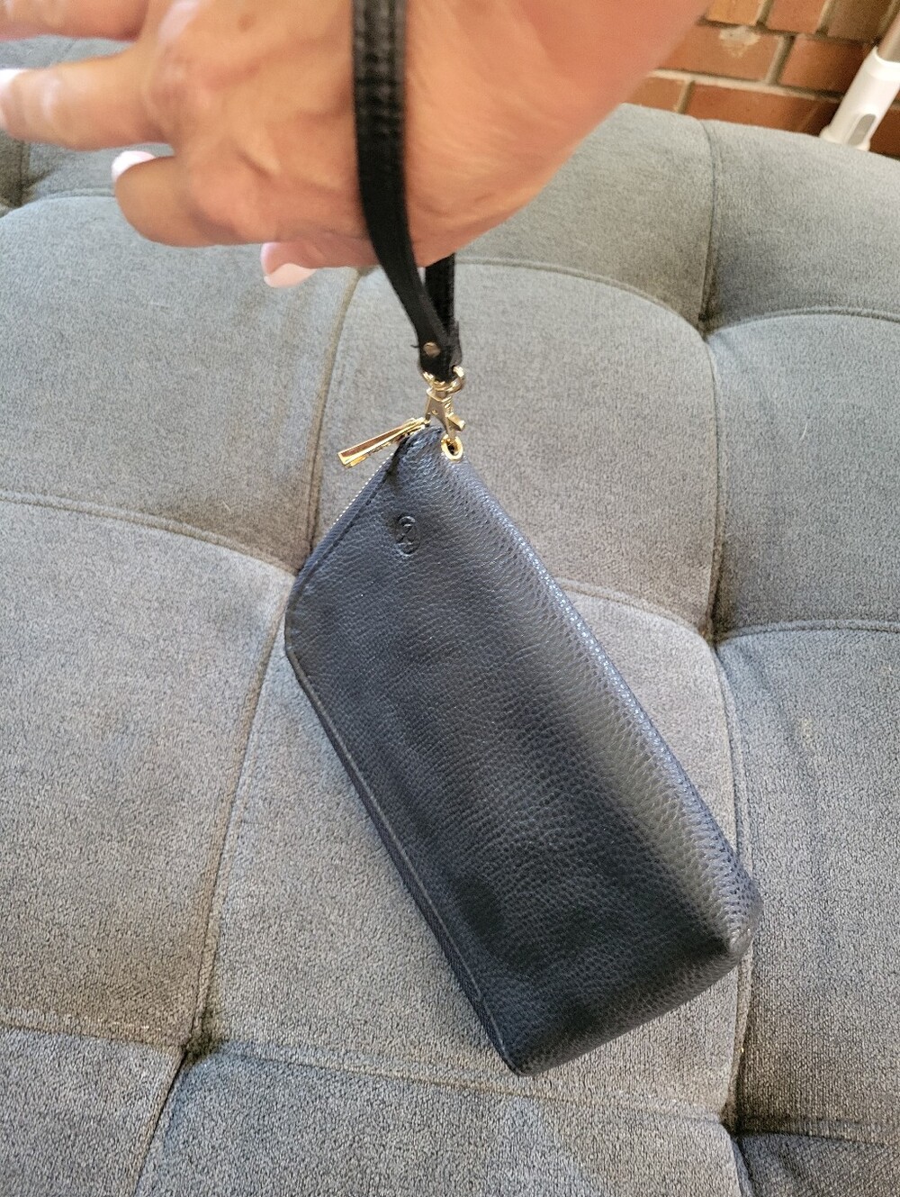 Black Pebbled Real Leather Wristlet with Gold Hardware